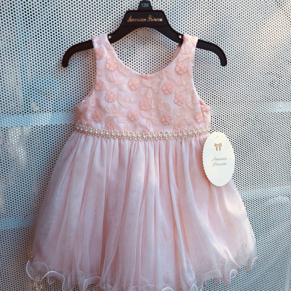 American Princess Light Pink Floral Pearl-Trim Tulle Dress